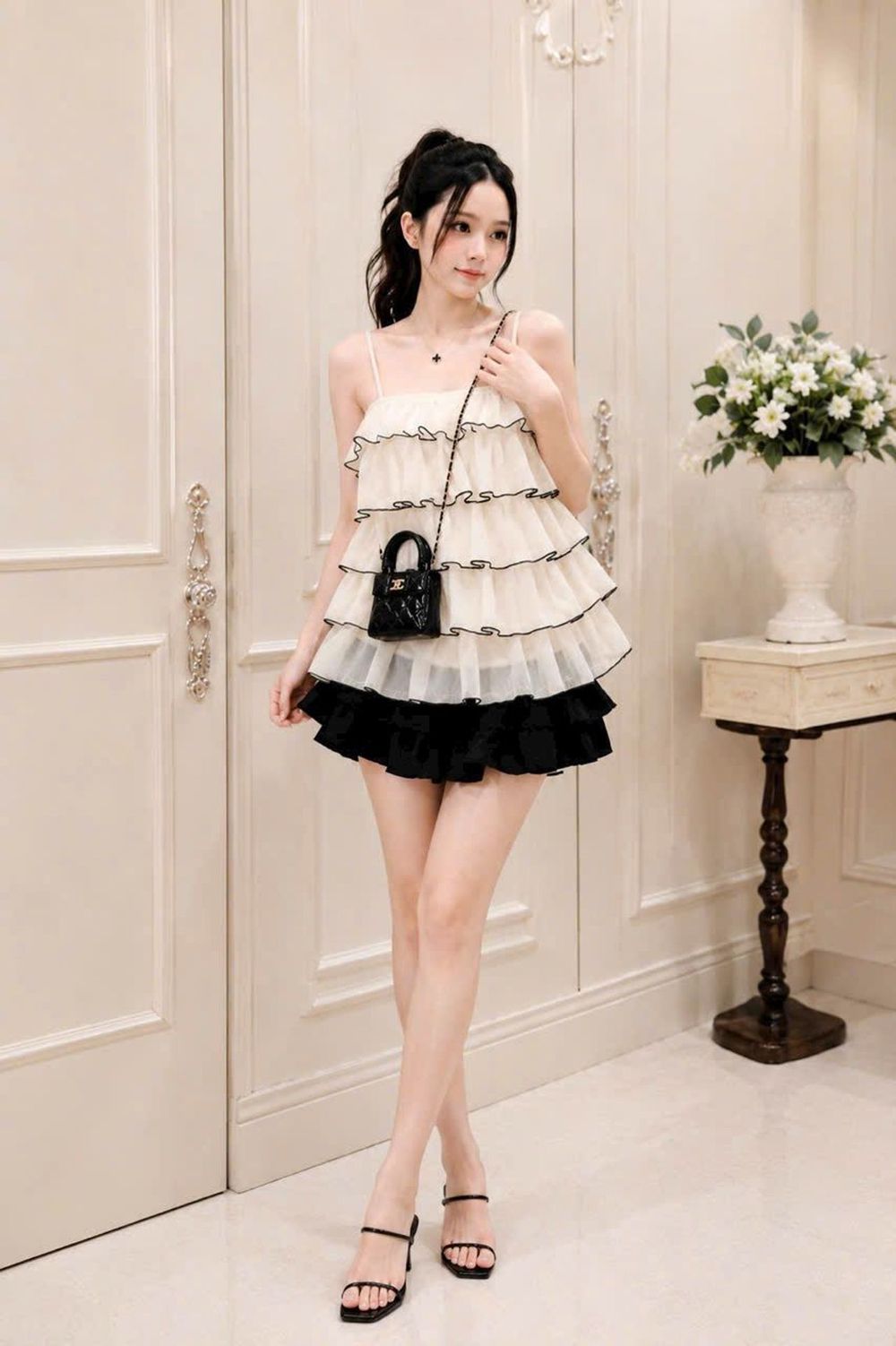 Set Áo Voan Tầng Hai Dây Viền Đen Phối Chân Váy Đen Bồng