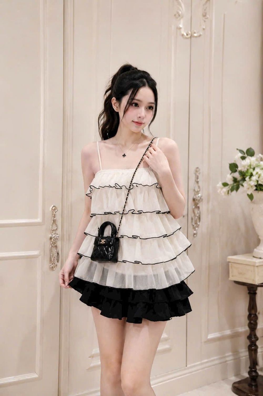 Set Áo Voan Tầng Hai Dây Viền Đen Phối Chân Váy Đen Bồng
