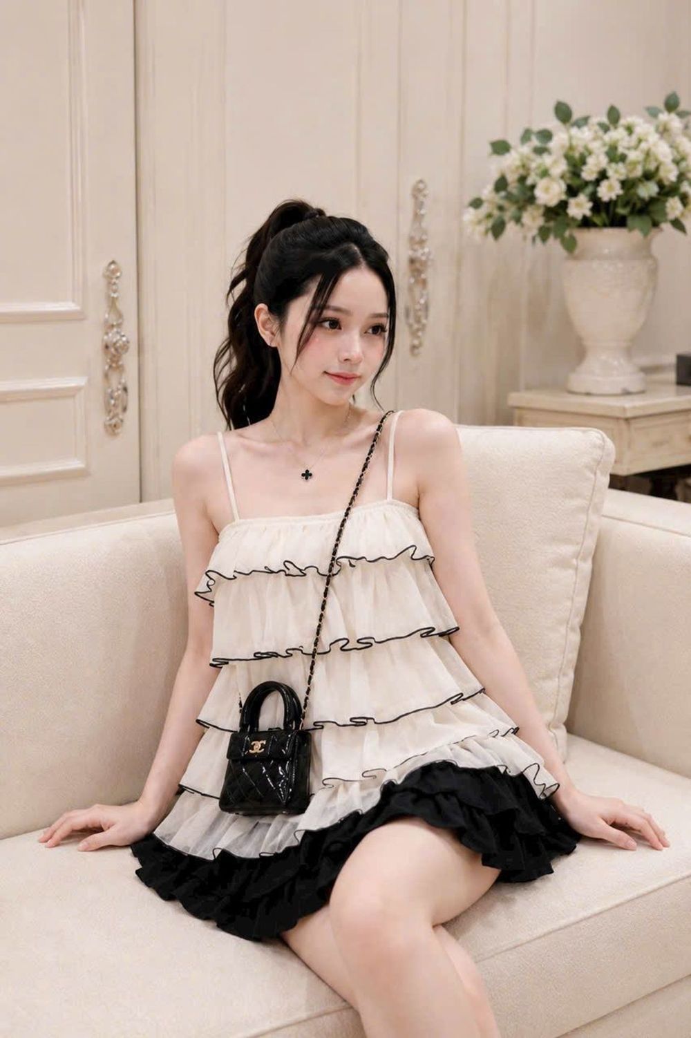Set Áo Voan Tầng Hai Dây Viền Đen Phối Chân Váy Đen Bồng