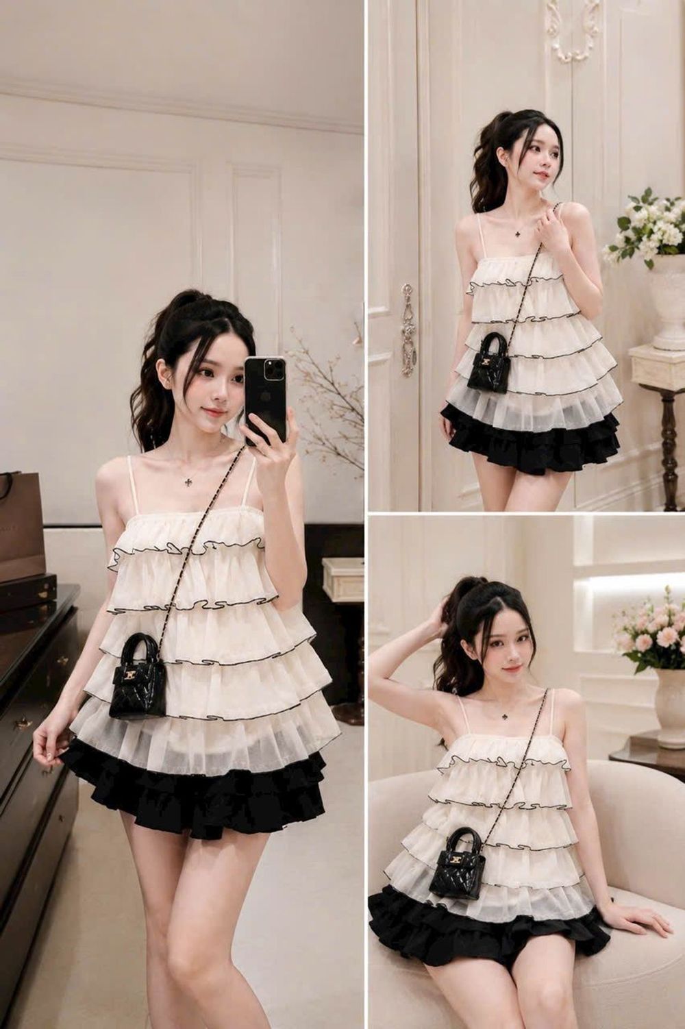 Set Áo Voan Tầng Hai Dây Viền Đen Phối Chân Váy Đen Bồng