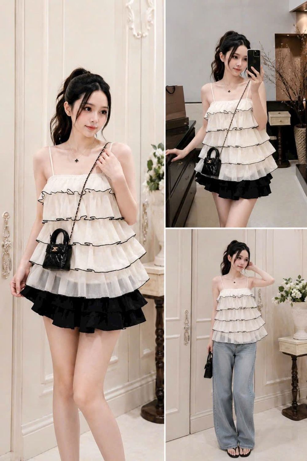Set Áo Voan Tầng Hai Dây Viền Đen Phối Chân Váy Đen Bồng