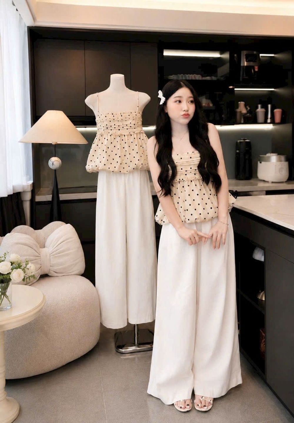 Set Bộ Nữ Mango Chấm Bi - Áo Dáng Bí & Quần Suông Ống Rộng