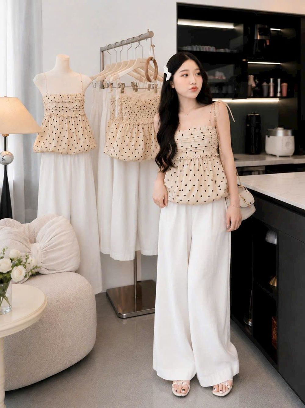 Set Bộ Nữ Mango Chấm Bi - Áo Dáng Bí & Quần Suông Ống Rộng