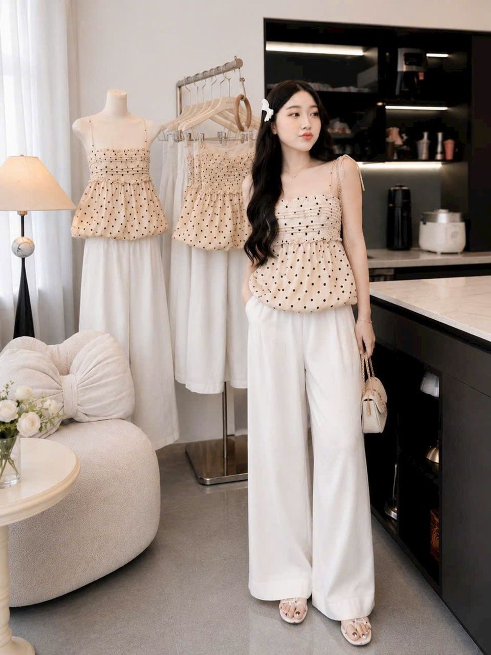 Set Bộ Nữ Mango Chấm Bi - Áo Dáng Bí & Quần Suông Ống Rộng