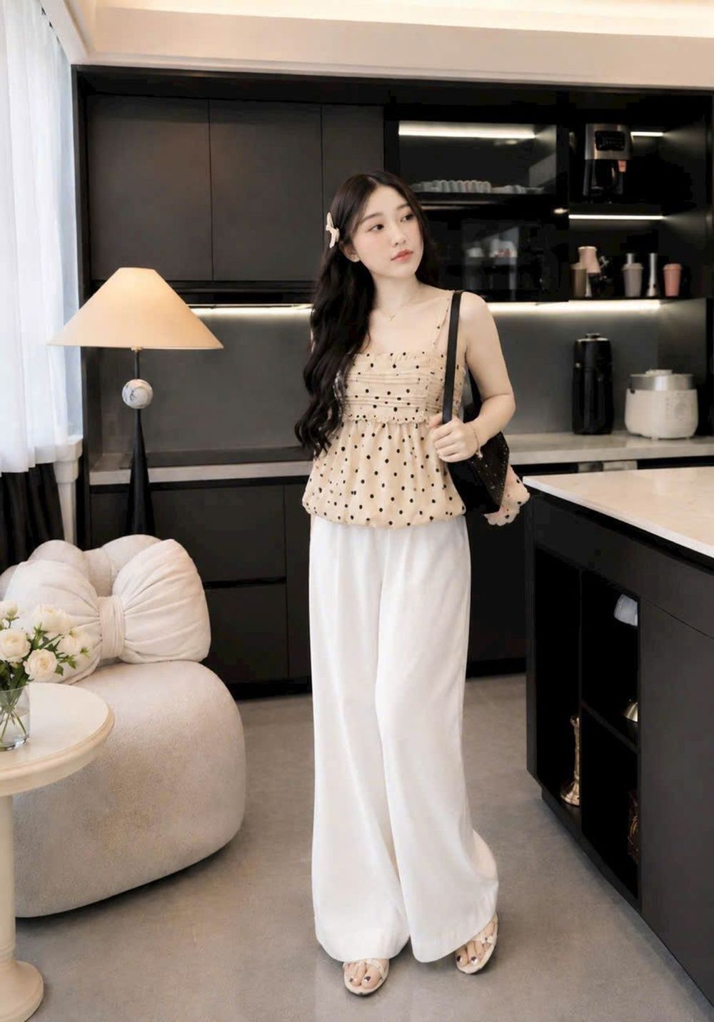 Set Bộ Nữ Mango Chấm Bi - Áo Dáng Bí & Quần Suông Ống Rộng
