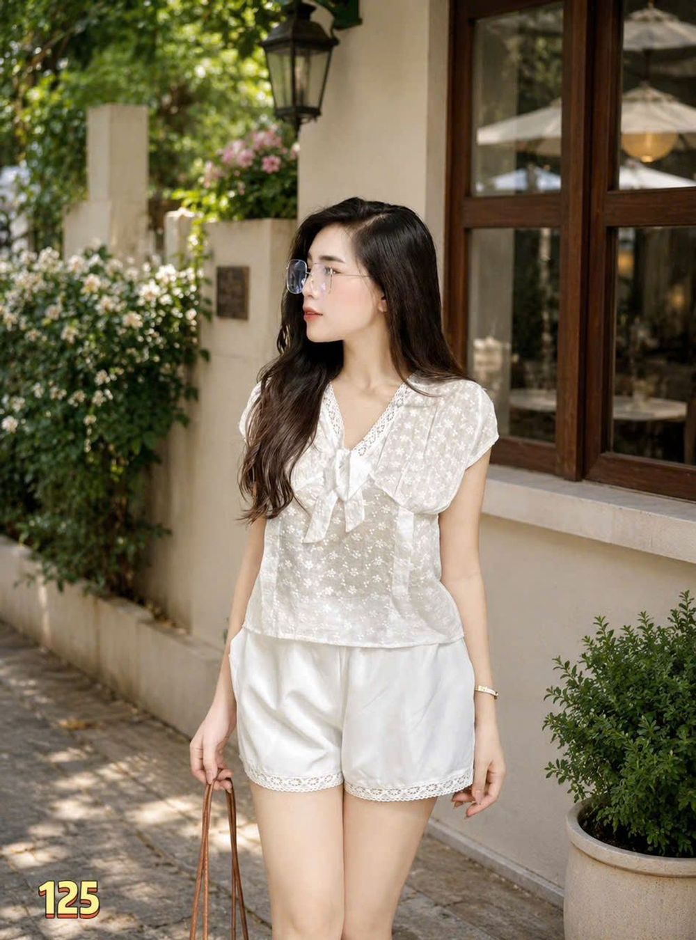 Bộ Đồ Nữ 2 Món Áo Kiểu Hai Dây Xếp Tầng Viền Ren Nơ Trước Ngực Kèm Quần Đùi Ngắn Siêu Xinh #125
