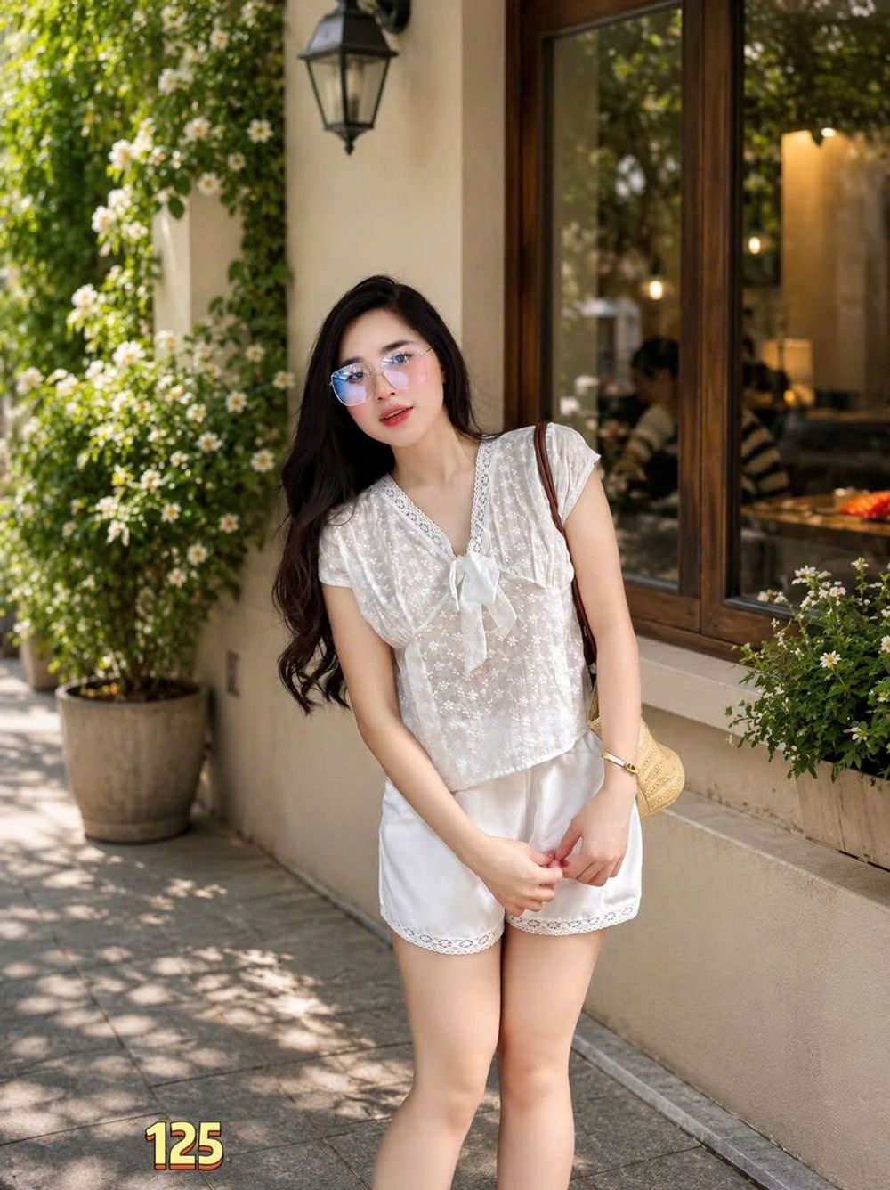 Bộ Đồ Nữ 2 Món Áo Kiểu Hai Dây Xếp Tầng Viền Ren Nơ Trước Ngực Kèm Quần Đùi Ngắn Siêu Xinh #125
