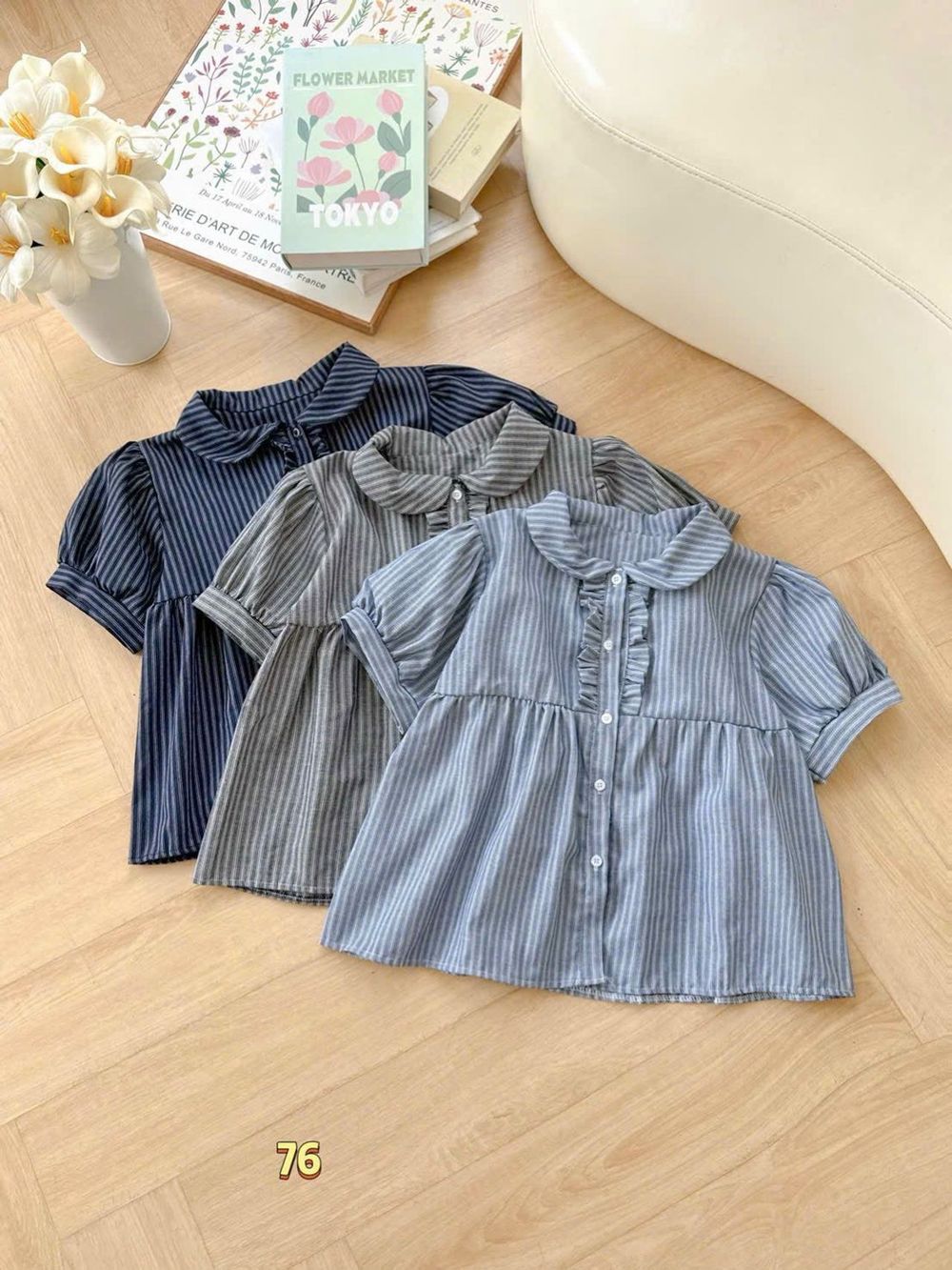 Áo Kiểu Babydoll Kẻ Sọc Tăm Nữ Thắt Nơ Cổ Bèo Vuông Ulzzang #76