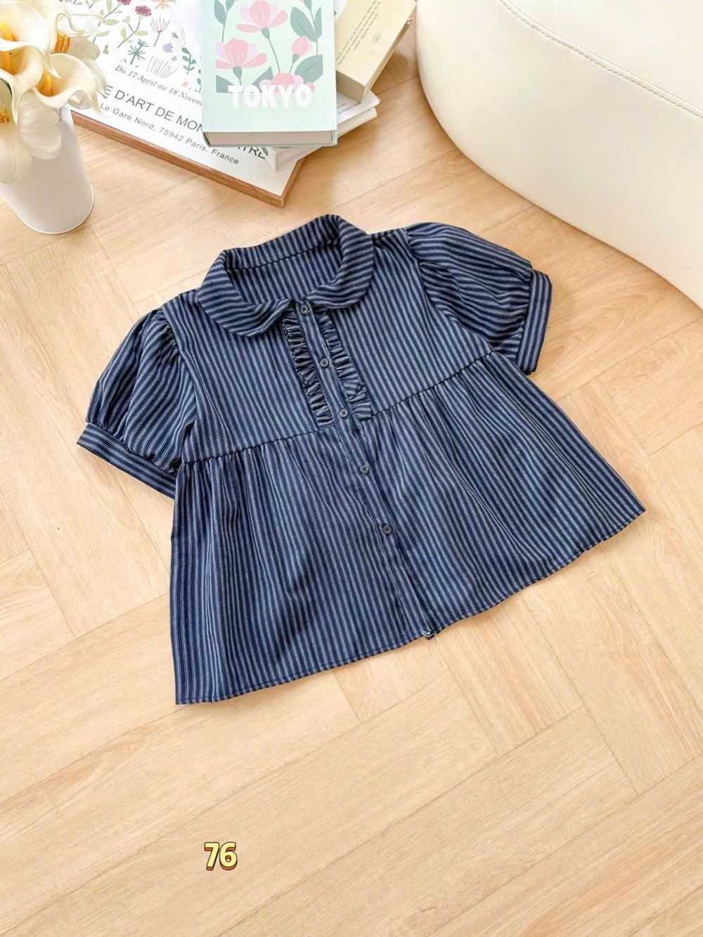 Áo Kiểu Babydoll Kẻ Sọc Tăm Nữ Thắt Nơ Cổ Bèo Vuông Ulzzang #76