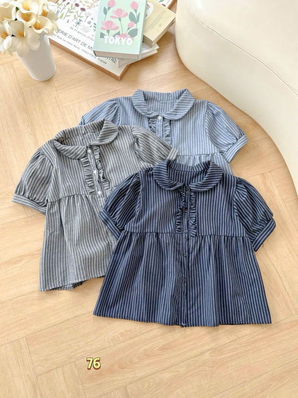 Áo Kiểu Babydoll Kẻ Sọc Tăm Nữ Thắt Nơ Cổ Bèo Vuông Ulzzang #76