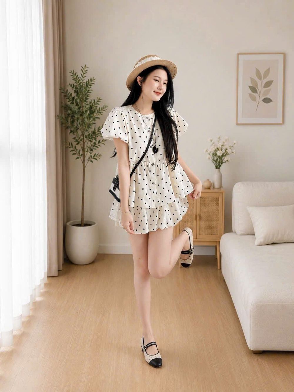 Set Đồ Bộ Hoa Nhí Chấm Bi Kiểu Dáng Babydoll Xinh Xắn Chất Vải Mango