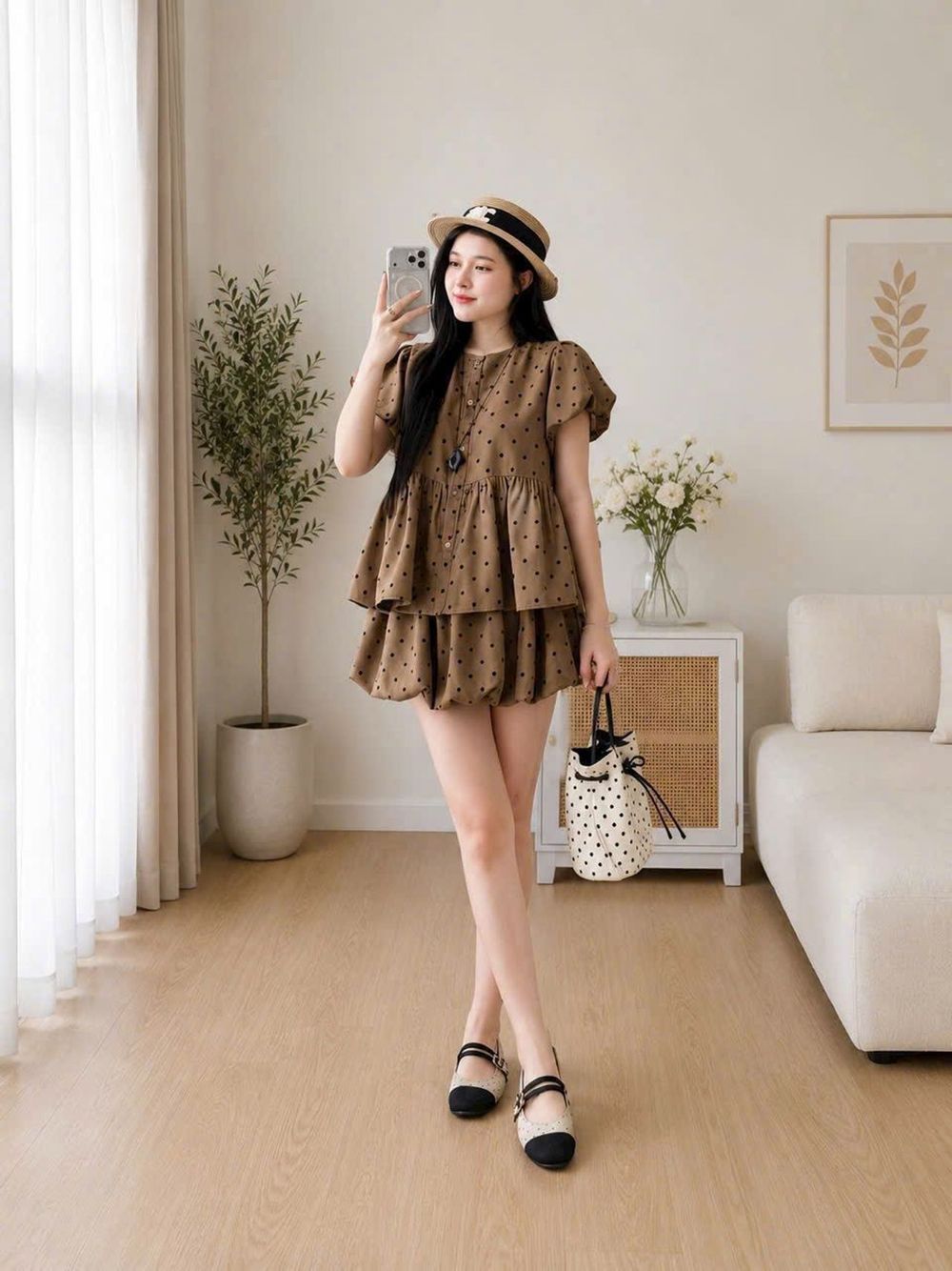Set Đồ Bộ Hoa Nhí Chấm Bi Kiểu Dáng Babydoll Xinh Xắn Chất Vải Mango