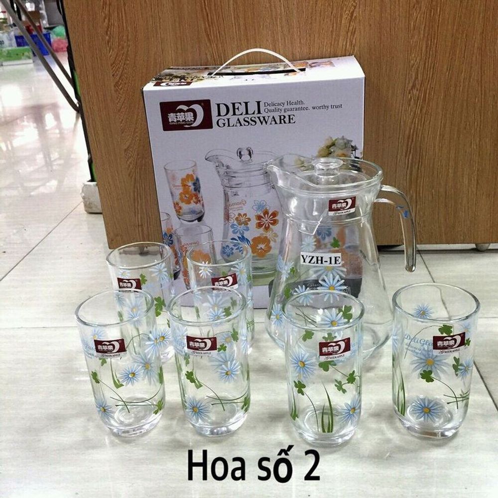 Bộ bình kèm 6 cốc thủy tinh Hoa (THÙNG 8B)