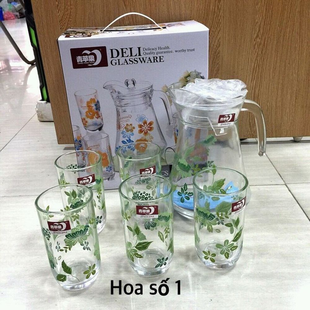 Bộ bình kèm 6 cốc thủy tinh Hoa (THÙNG 8B)