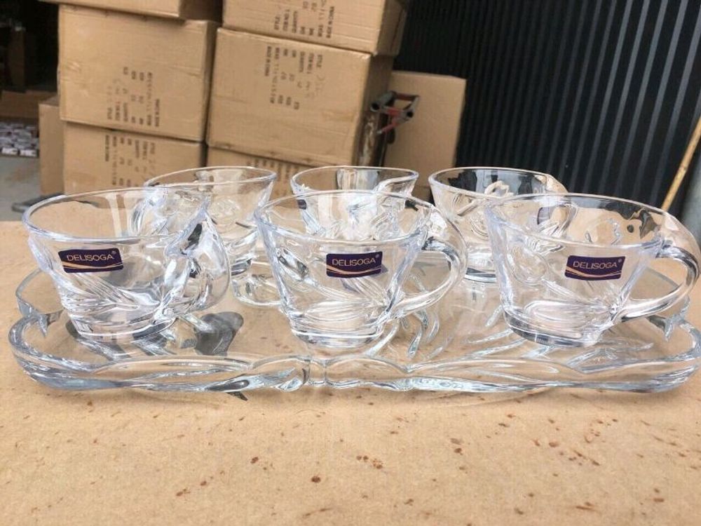 Bộ 6 cốc kèm khay thủy tinh deli trắng lệch