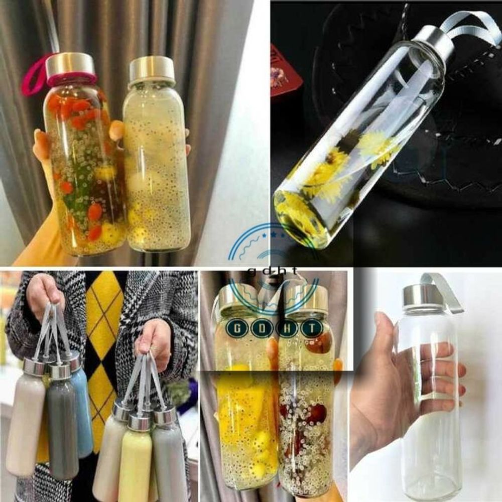 bình thủy tinh đựng nước dây xách - chai thủy tinh dây xách 300ml