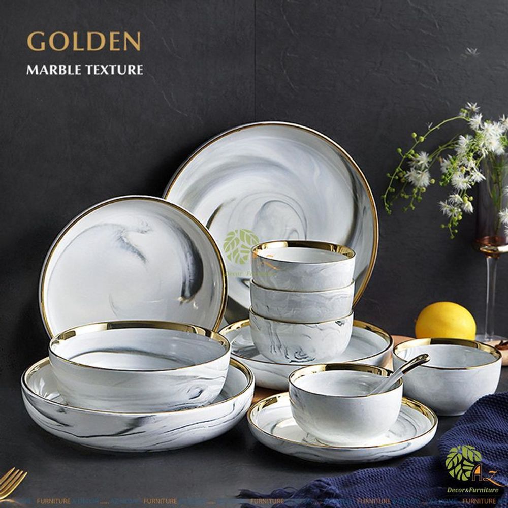Bộ bát đĩa sứ viền vàng kiểu Hàn Quốc sang trọng ( bộ 26 chi tiết )