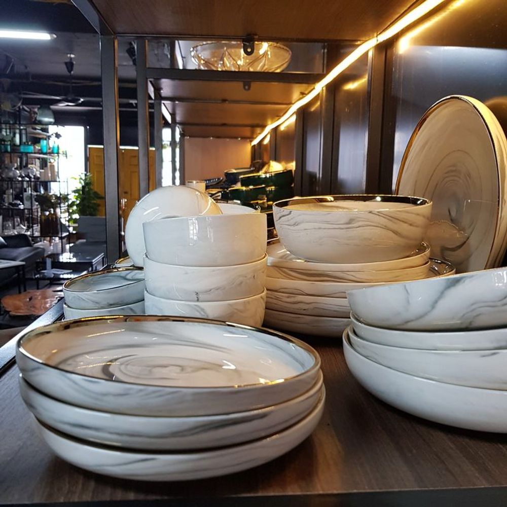 Bộ bát đĩa sứ viền vàng kiểu Hàn Quốc sang trọng ( bộ 26 chi tiết )