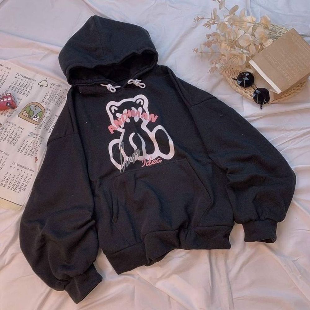 áo hoodie in andiman unisex tay phồng hình gấu siêu xinh.