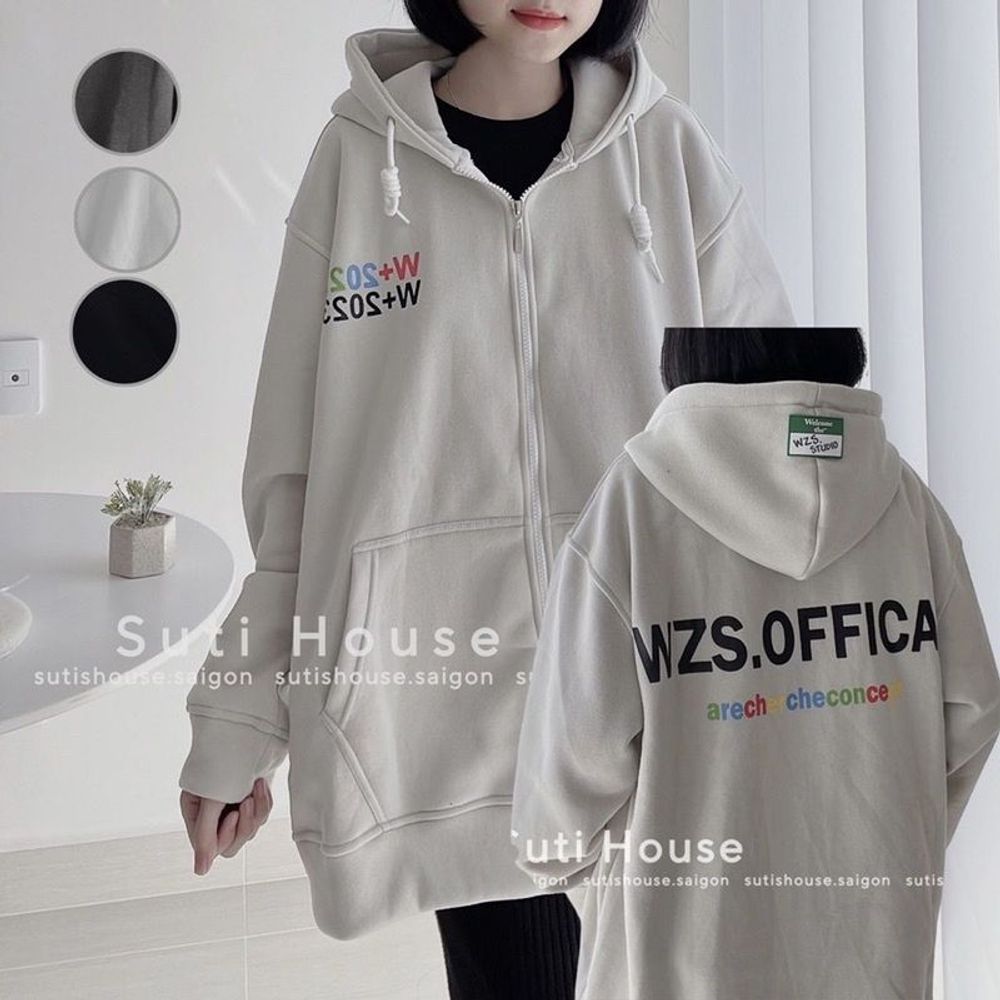 Áo khoác hoodie zip WZS 2023 vải nỉ lót bông form rộng unisex nam nữ