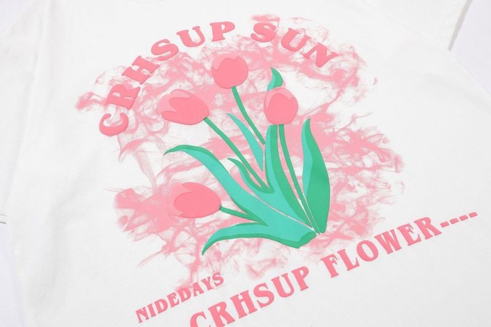 Áo Thun Tay Lỡ Dáng Rộng In Hình Hoa Tulip Kiểu Hàn Quốc Thời Trang Mùa Hè Cho Nữ