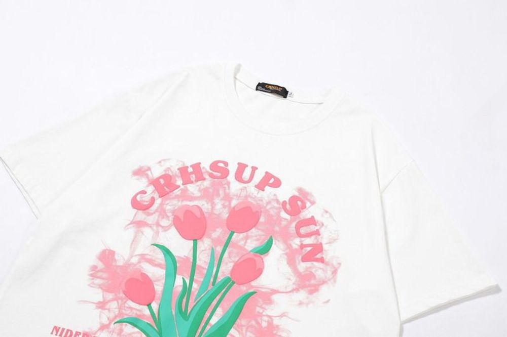 Áo Thun Tay Lỡ Dáng Rộng In Hình Hoa Tulip Kiểu Hàn Quốc Thời Trang Mùa Hè Cho Nữ