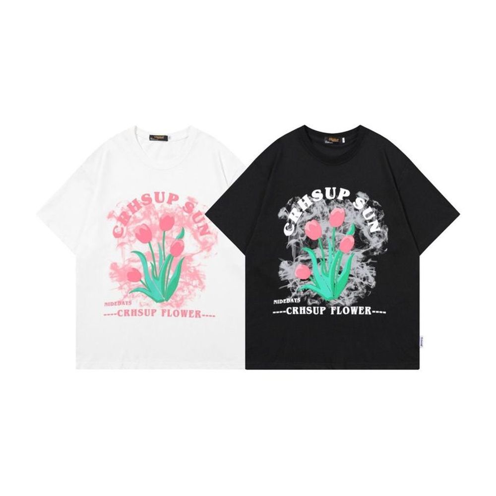 Áo Thun Tay Lỡ Dáng Rộng In Hình Hoa Tulip Kiểu Hàn Quốc Thời Trang Mùa Hè Cho Nữ