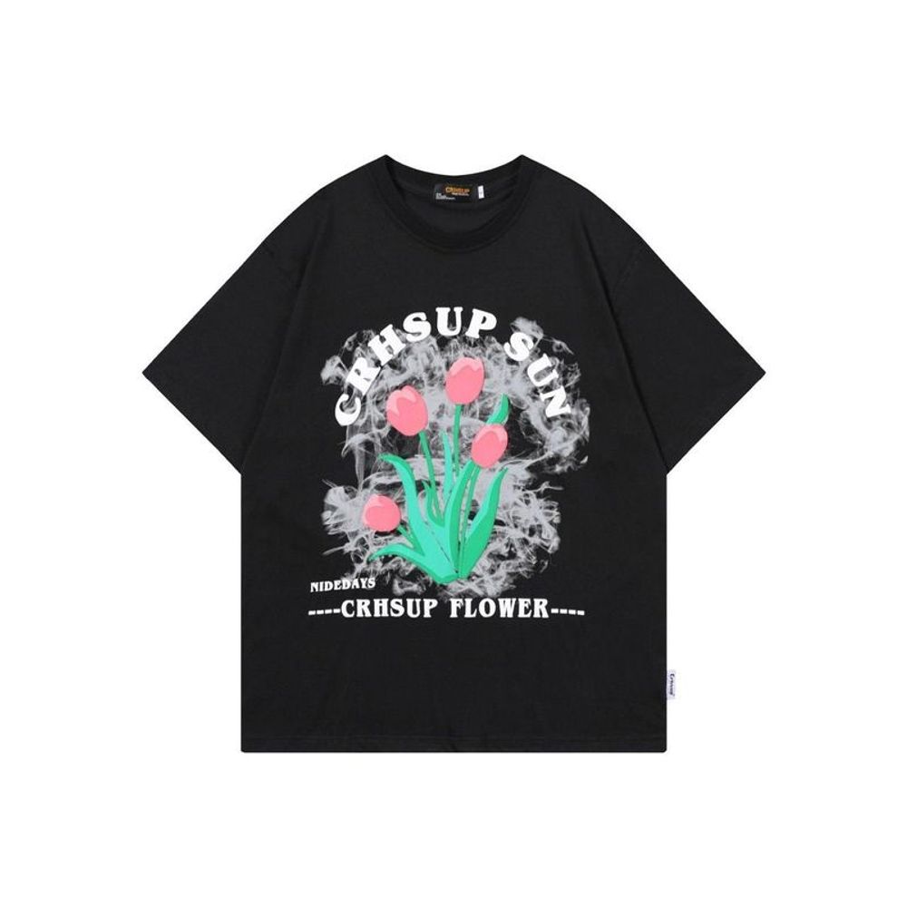 Áo Thun Tay Lỡ Dáng Rộng In Hình Hoa Tulip Kiểu Hàn Quốc Thời Trang Mùa Hè Cho Nữ