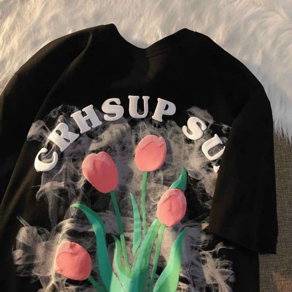 Áo Thun Tay Lỡ Dáng Rộng In Hình Hoa Tulip Kiểu Hàn Quốc Thời Trang Mùa Hè Cho Nữ