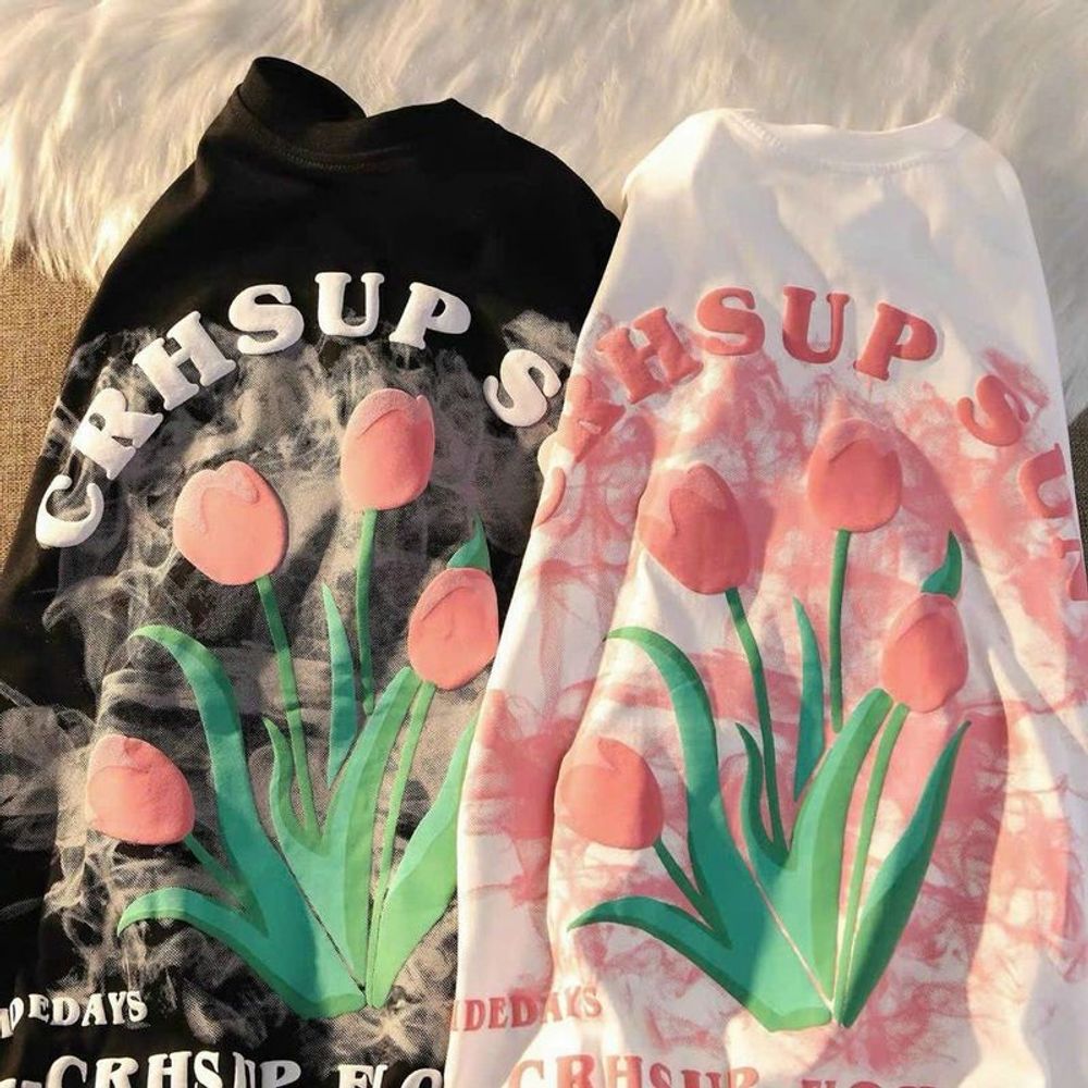 Áo Thun Tay Lỡ Dáng Rộng In Hình Hoa Tulip Kiểu Hàn Quốc Thời Trang Mùa Hè Cho Nữ