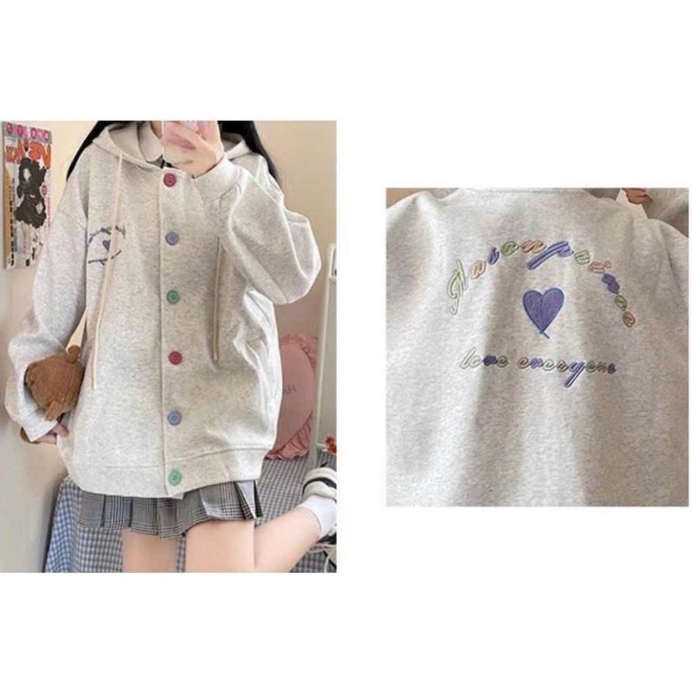 Áo khoác cadigan nỉ nút thêu hình trái tim nón rộng 2 lớp form rộng dưới 70kg