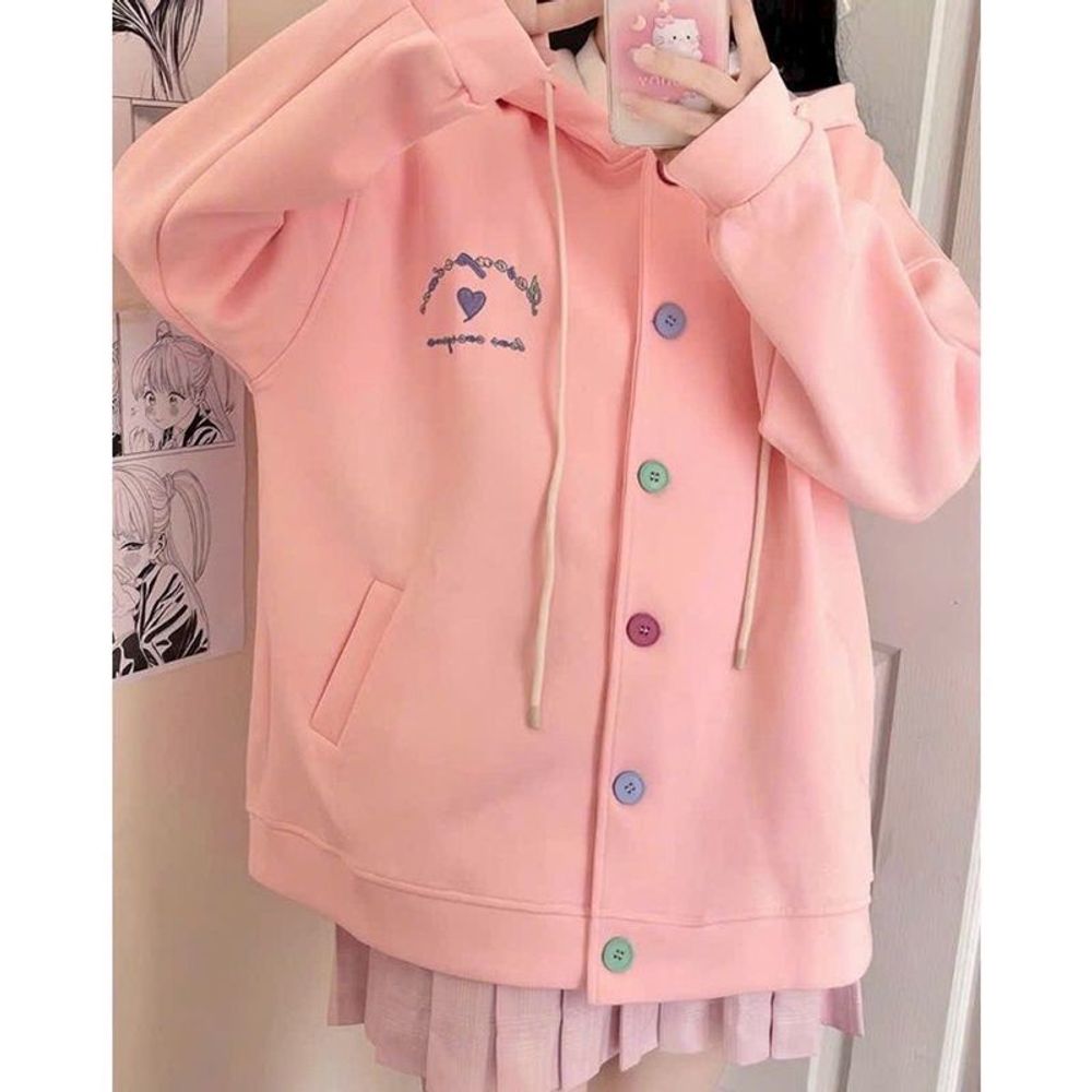 Áo khoác cadigan nỉ nút thêu hình trái tim nón rộng 2 lớp form rộng dưới 70kg