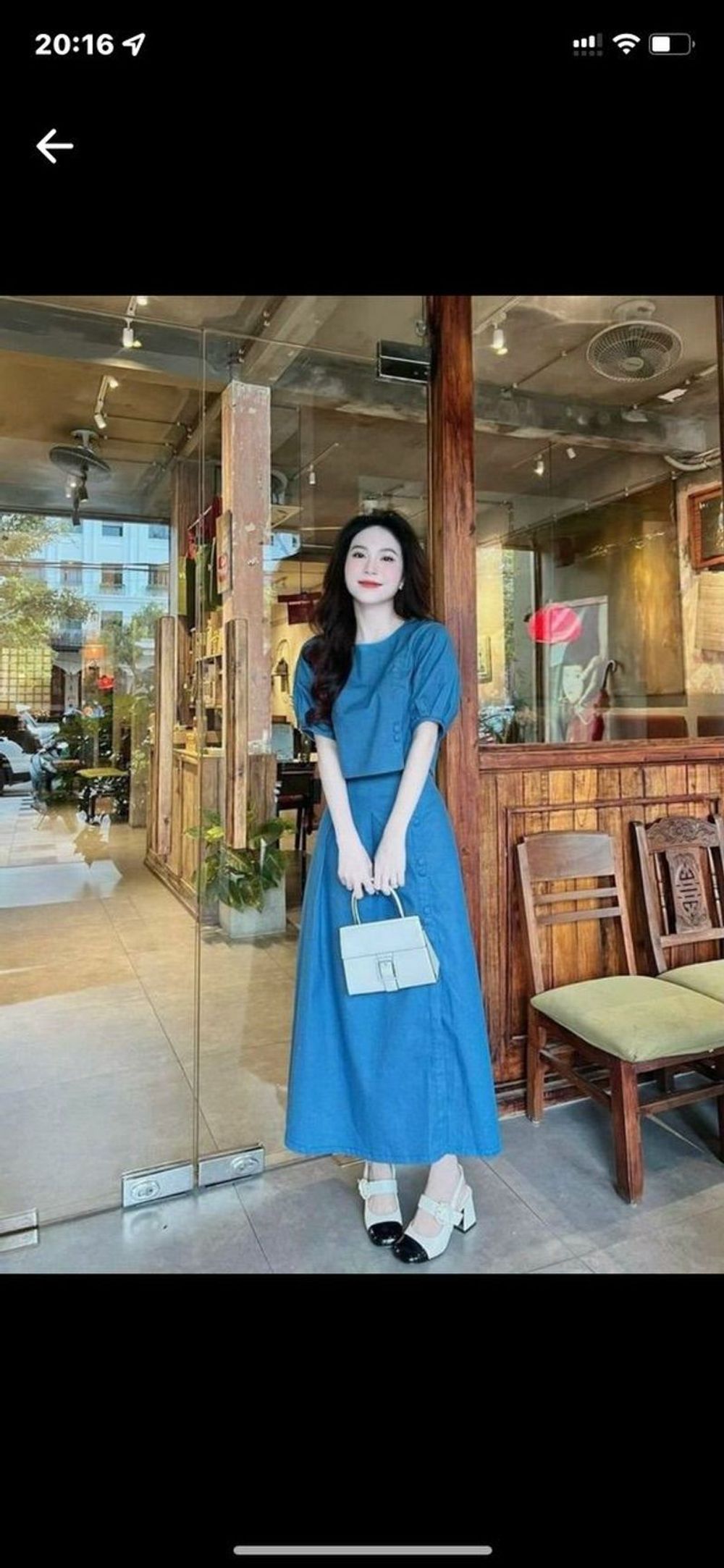 Sét 2 món áo Croptop tay phổng kèm chân váy dài chất jeans cứng sang chảnh