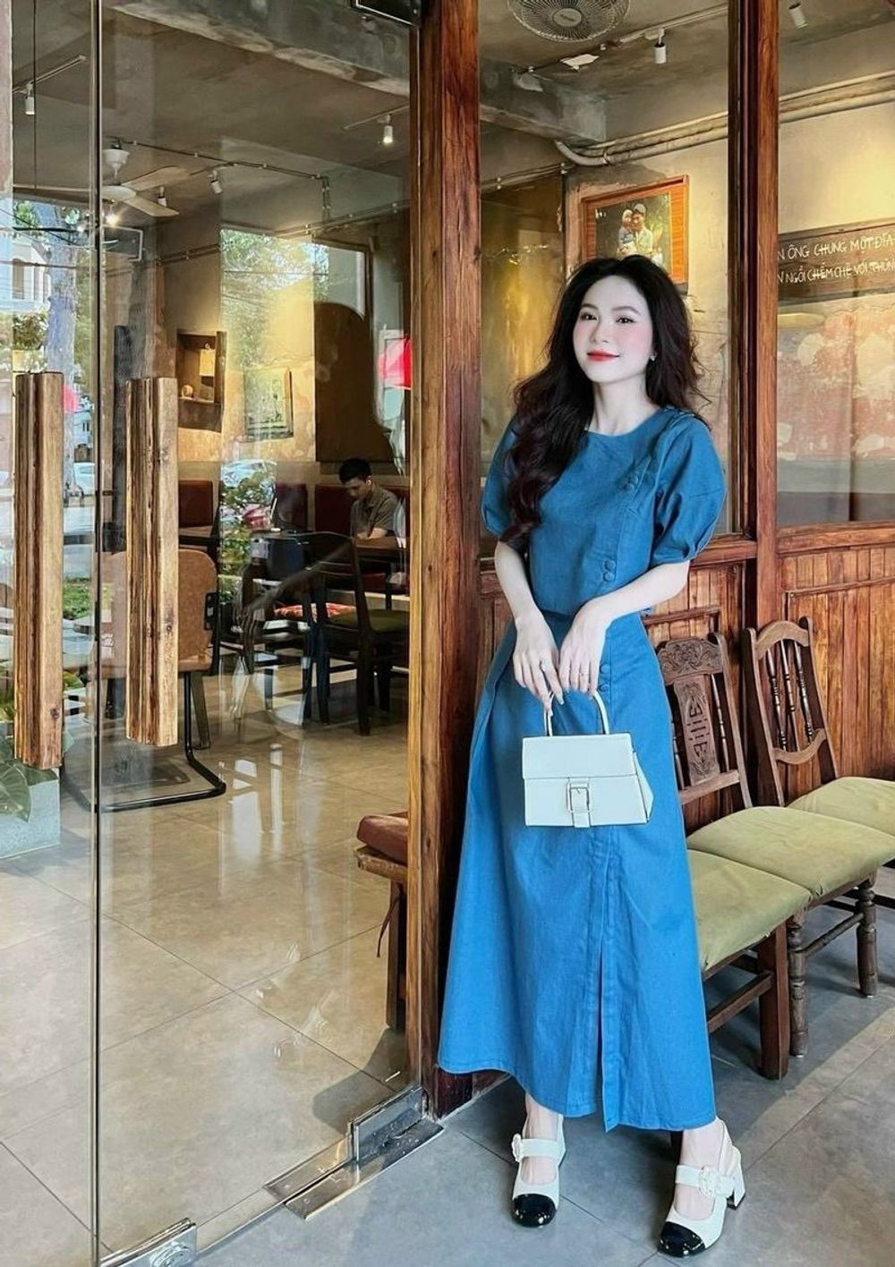 Sét 2 món áo Croptop tay phổng kèm chân váy dài chất jeans cứng sang chảnh