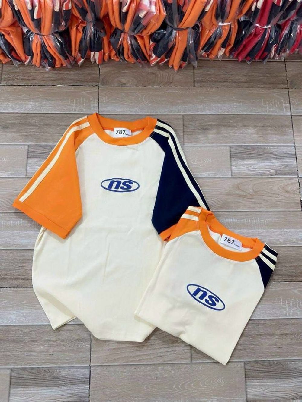 Áo baby tee chất thun cotton tay raplag phối màu cam xanh trắng hot trend