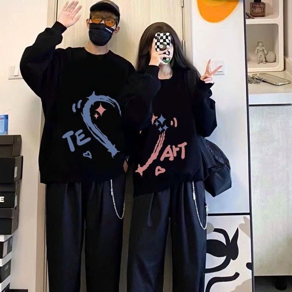 Áo Sweater Đôi Nam Nữ In Hình Nửa Trái Tim TE ART Form Rộng Cao Cấp