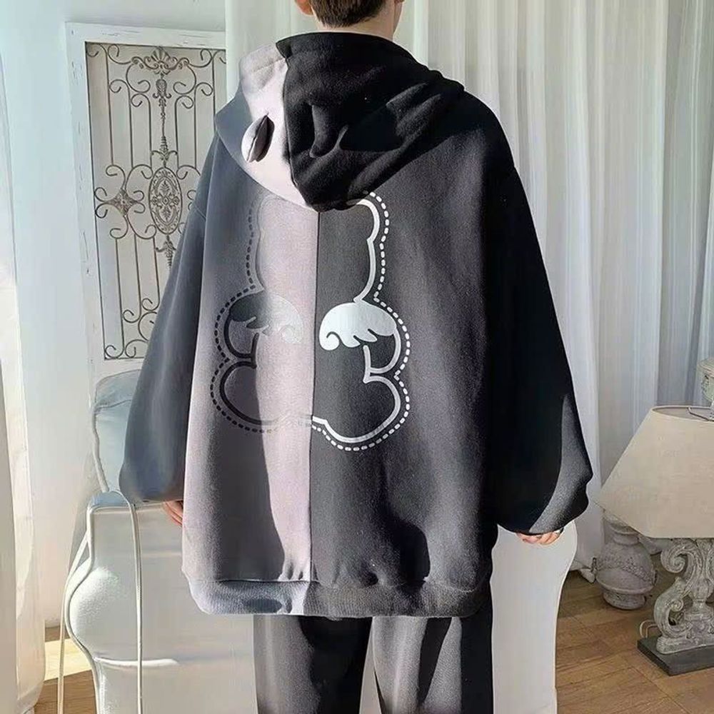 Áo khoác unisex Thun Nỉ phối 2 màu logo in gấu MANYSTON tay phòng có sừng nón