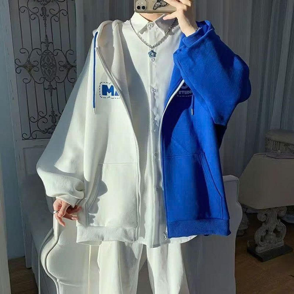 Áo khoác unisex Thun Nỉ phối 2 màu logo in gấu MANYSTON tay phòng có sừng nón