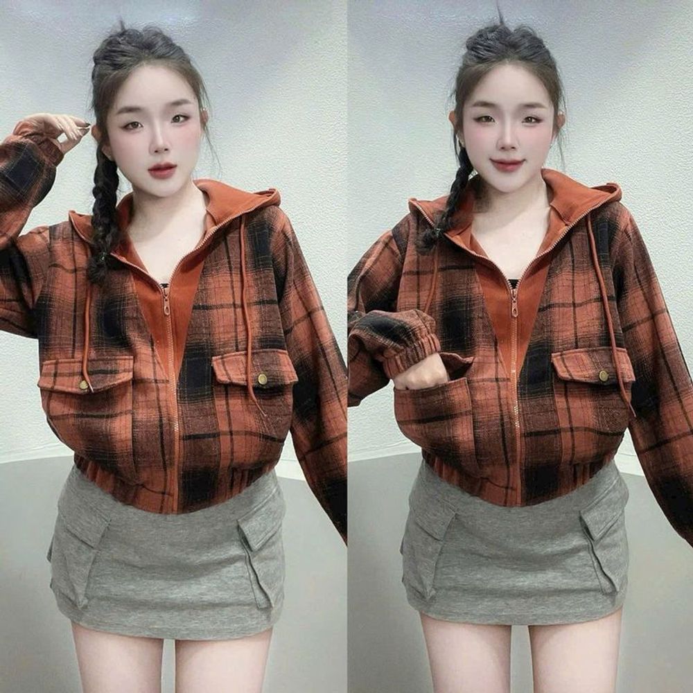 Áo Khoác Sơ Mi Dạ Caro Flannel Phối Nón Thun Gân, Tay Dài, Form Rộng Năng Động, Trẻ Trung