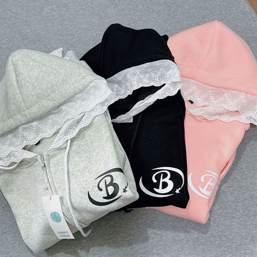 Áo khoác nữ chất nỉ bông mũ phối ren