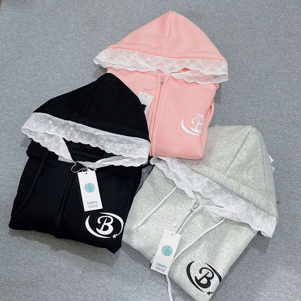 Áo khoác nữ chất nỉ bông mũ phối ren