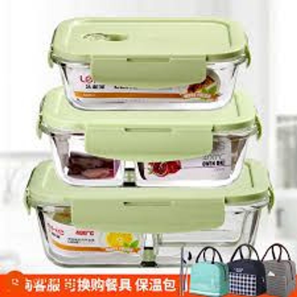 Bộ hộp cơm thủy tinh cường lực gồm 3 hộp thủy tinh 410ml không chia ngăn, Túi đựng và bộ đũa