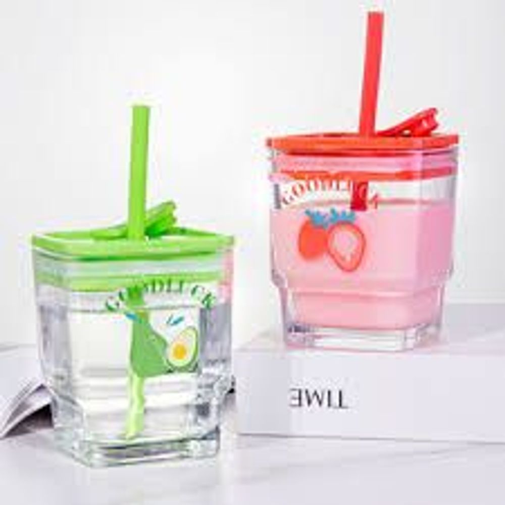 Ly Thủy Tinh Uống Nước Có Nắp Kèm Ống Hút Hình Vuông Tiện Lợi