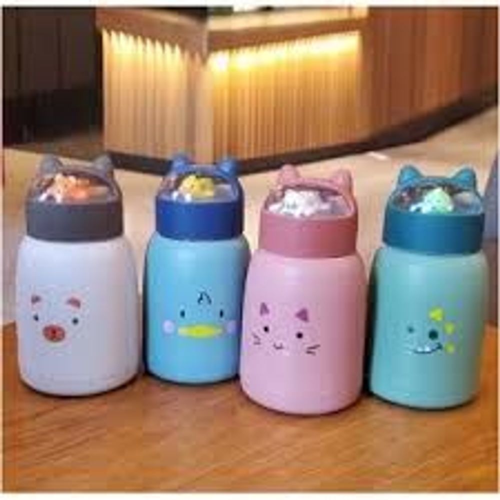 Bình nước giữ nhiệt tai mèo 360ml nắp thú dễ thương lõi thủy tinh bọc nhựa cách nhiệt