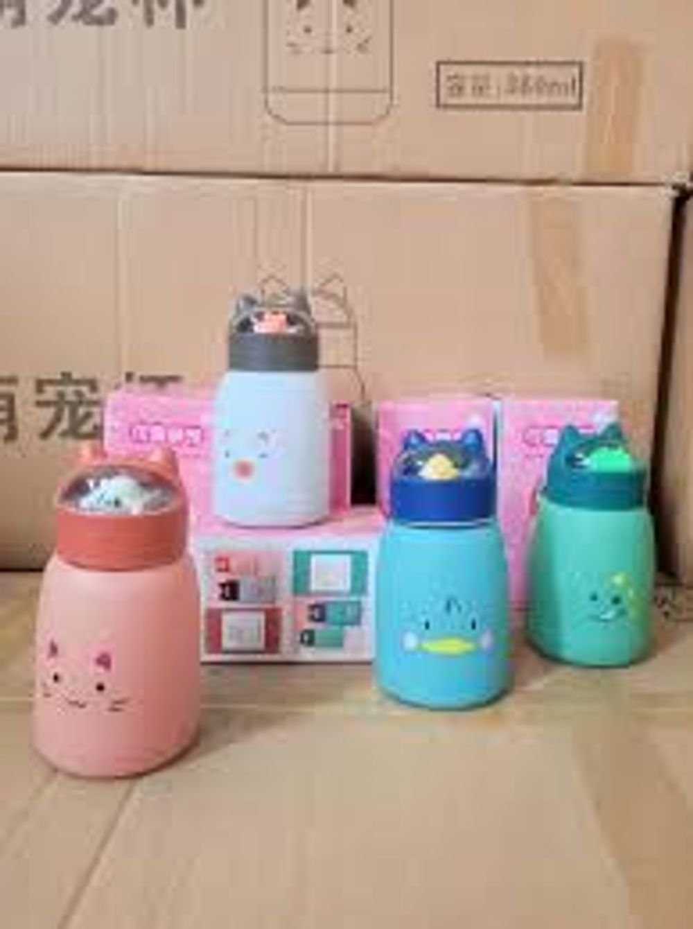 Bình nước giữ nhiệt tai mèo 360ml nắp thú dễ thương lõi thủy tinh bọc nhựa cách nhiệt