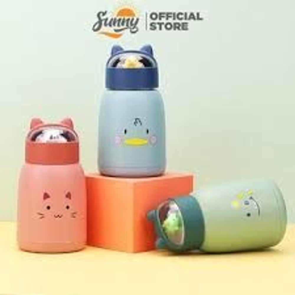 Bình nước giữ nhiệt tai mèo 360ml nắp thú dễ thương lõi thủy tinh bọc nhựa cách nhiệt