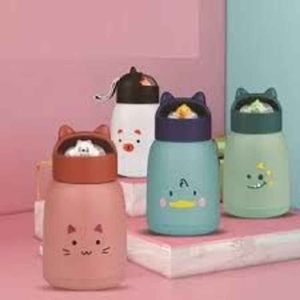 Bình nước giữ nhiệt tai mèo 360ml nắp thú dễ thương lõi thủy tinh bọc nhựa cách nhiệt