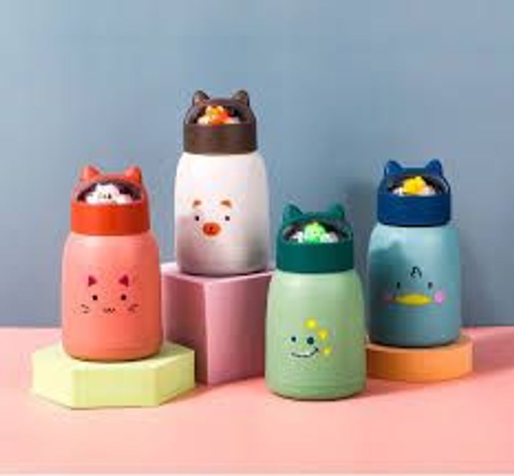 Bình nước giữ nhiệt tai mèo 360ml nắp thú dễ thương lõi thủy tinh bọc nhựa cách nhiệt
