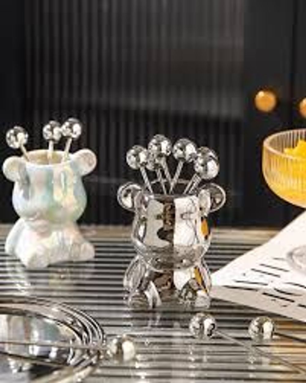Set 6 dĩa ăn hoa quả inox kèm ống đựng hình gấu cao cấp@