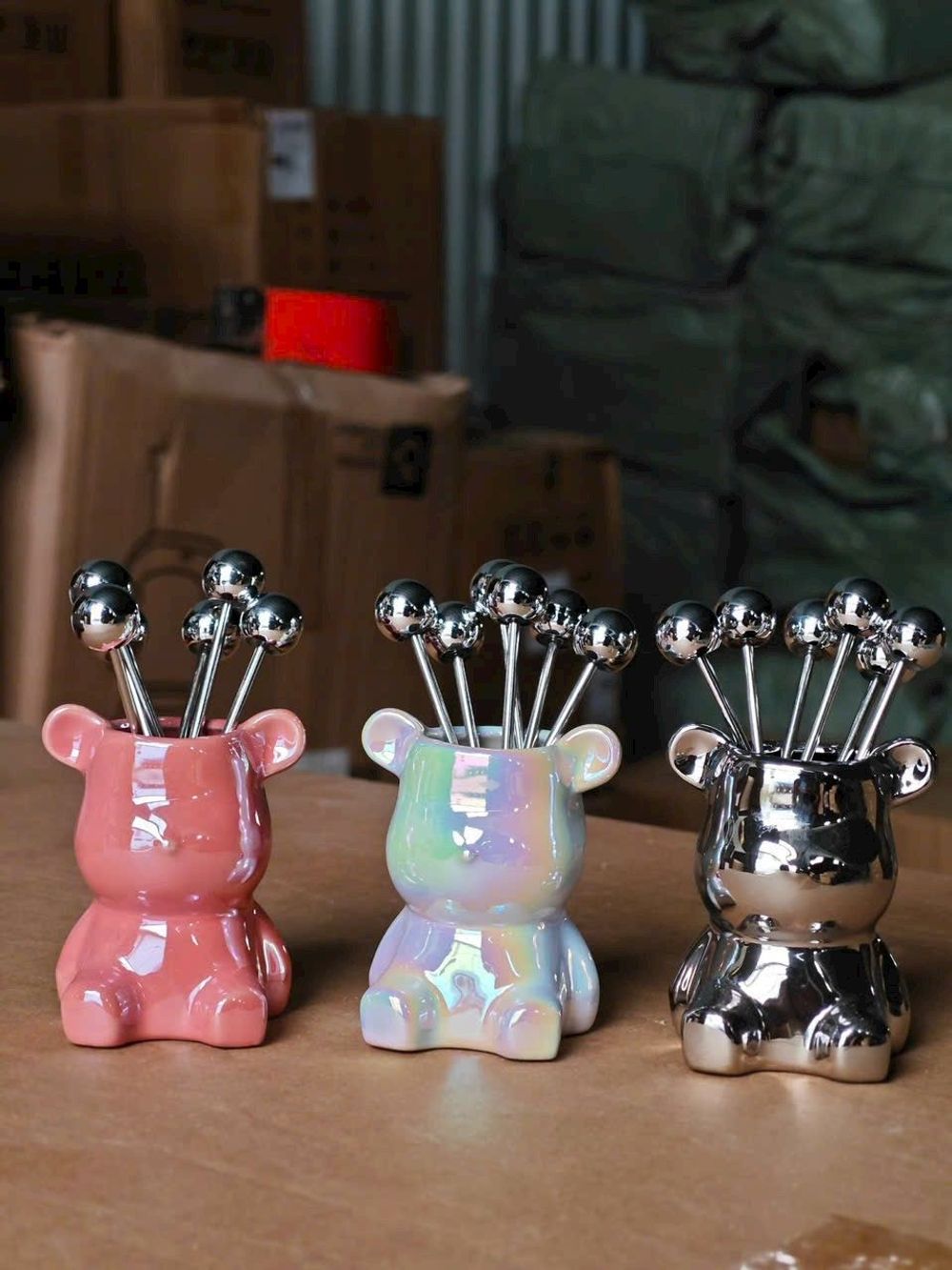 Set 6 dĩa ăn hoa quả inox kèm ống đựng hình gấu cao cấp@